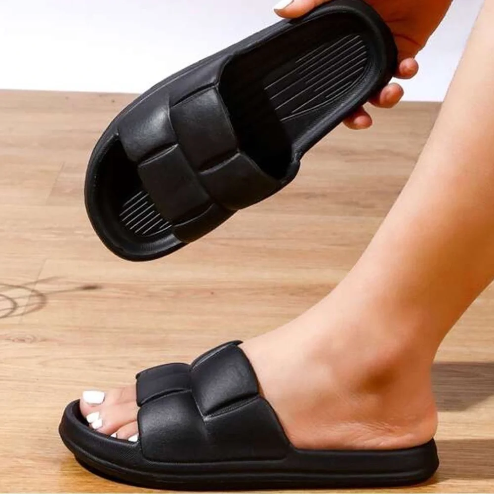 Black Pillow Textured Single Band Slides Pool Shower Platform Shoes